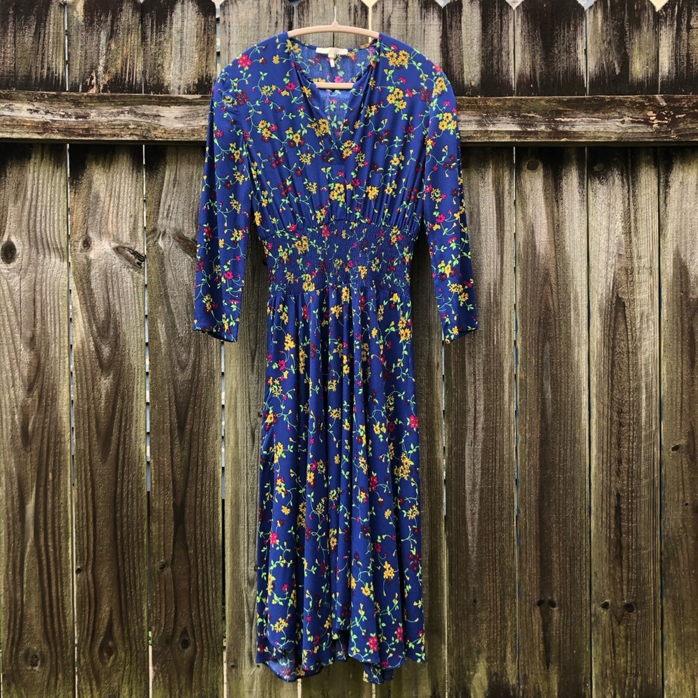Maje Rayelle Floral Print Midi Dress Blue Size S Long Sleeve Smocked